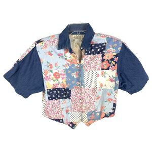 Vintage Rodeo‎ Queen Medium Top Western Patchwork Denim Blue Floral Cropped 295